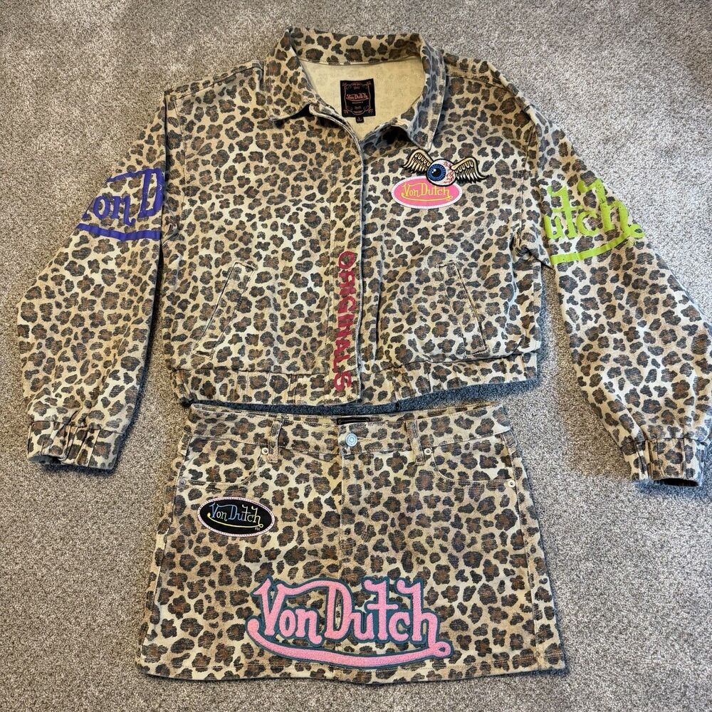 Von Dutch Leopard Patch Denim Skirt (Medium) & Jean Jacket (Large) Set
